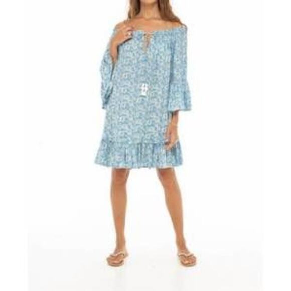 Skemo Dresses & Skirts - Skemo Margarita Tulum Dress In Floral Blue Off-Shoulder Size XS